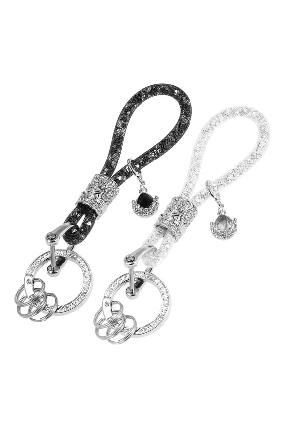 2 Pcs Vehicle Faux Crystal Keychain Ring Key Fob Accessories Universal with Bling Rhinestones Black Silver Tone