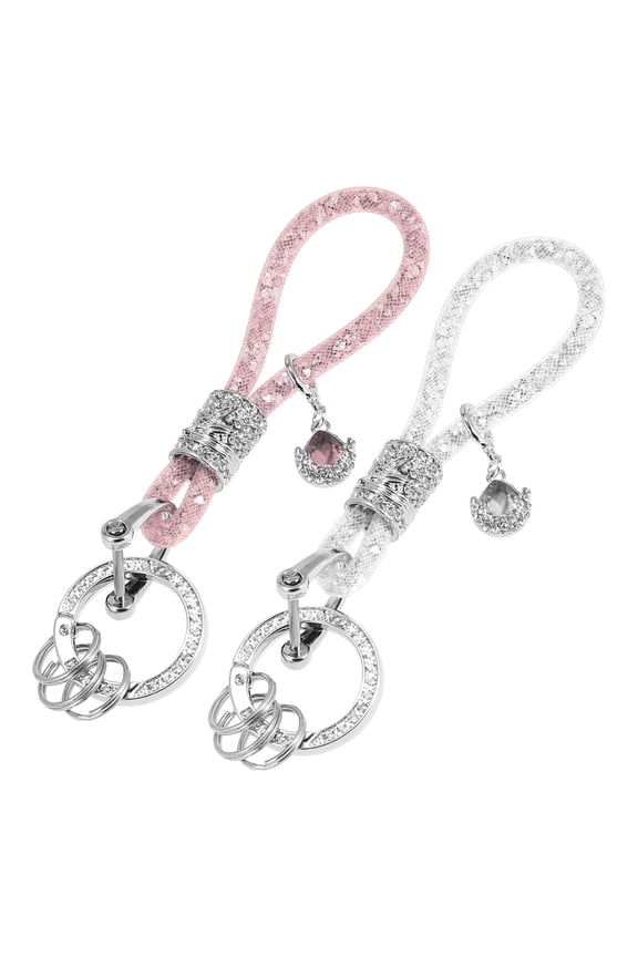 2 Pcs Vehicle Faux Crystal Keychain Ring Key Fob Accessories Universal with Bling Rhinestones Pink Silver Tone
