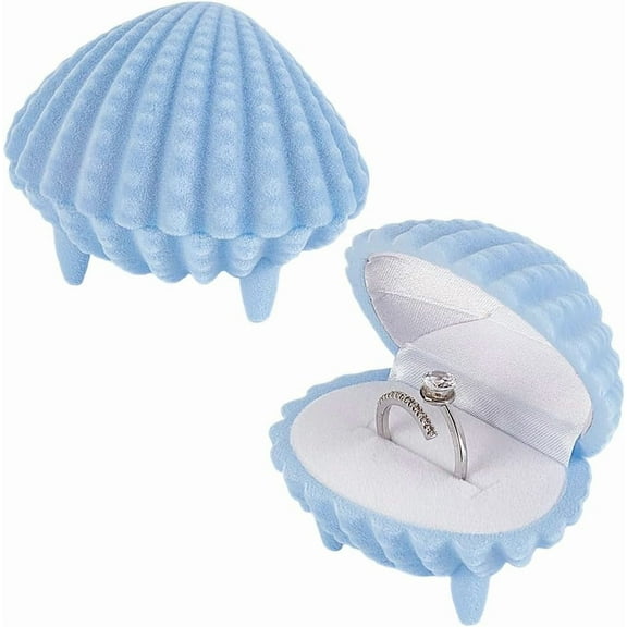 2 Pcs Velvet Ring Box Clam Shell Shaped Ring Box Display Holder Ring Gift Storage Box for Proposal Engagement Wedding Ceremony Anniversary Light Blue DIY