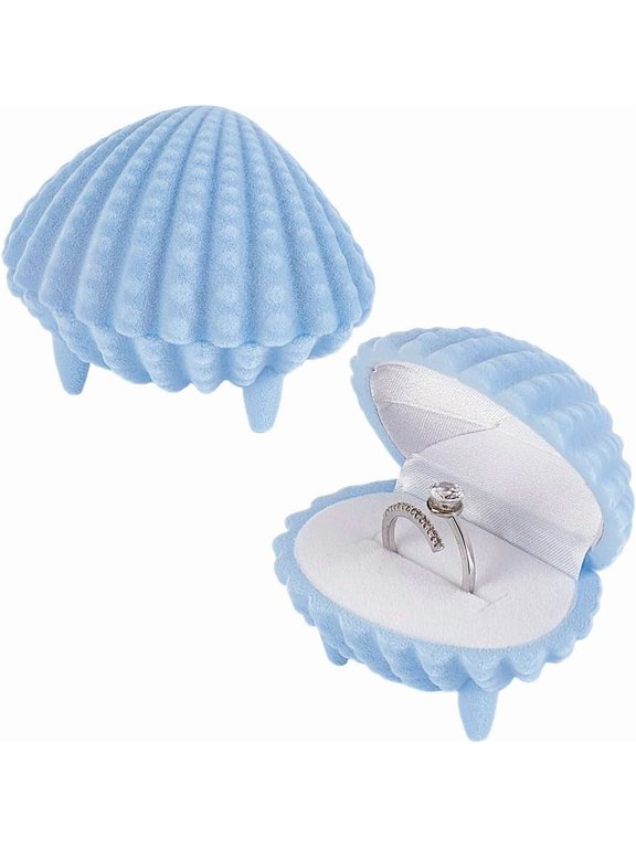 2 Pcs Velvet Ring Box Clam Shell Shaped Ring Box Display Holder Ring Gift Storage Box for Proposal Engagement Wedding Ceremony Anniversary Light Blue