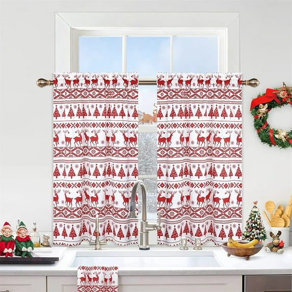 2 Pcs Velvet Tier Curtain, Rod Pocket Christmas Tree Deer Print Small Curtain