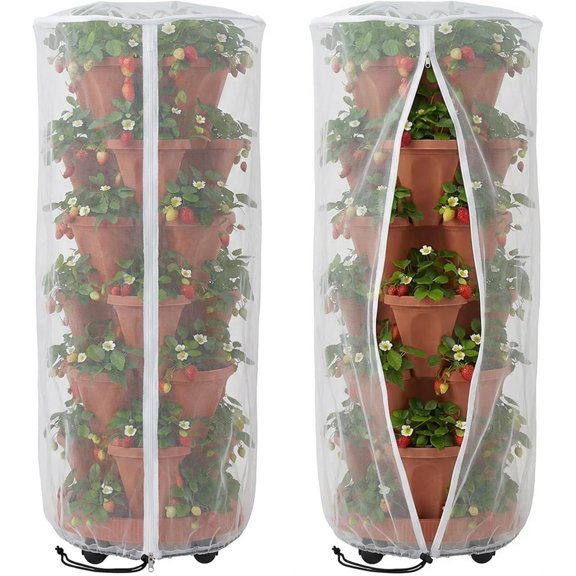 2 Pcs Vertical Plant Pot Insect Netting with Zipper, 59"x22" Stackable Planter Garden Net Cover, 6 to 7 Tier Bird Barrier Protection Mesh for Strawberry Herb Flower Fruit Vegetable