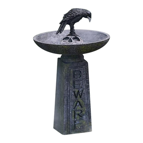2 Pcs Vintage Beware Bird Bath Resin Halloween Crow Skeleton Ornament - Gothic Garden Graveyard Decor with Stone-Look Texture, Water-Tight Bowl for Outdoor Display