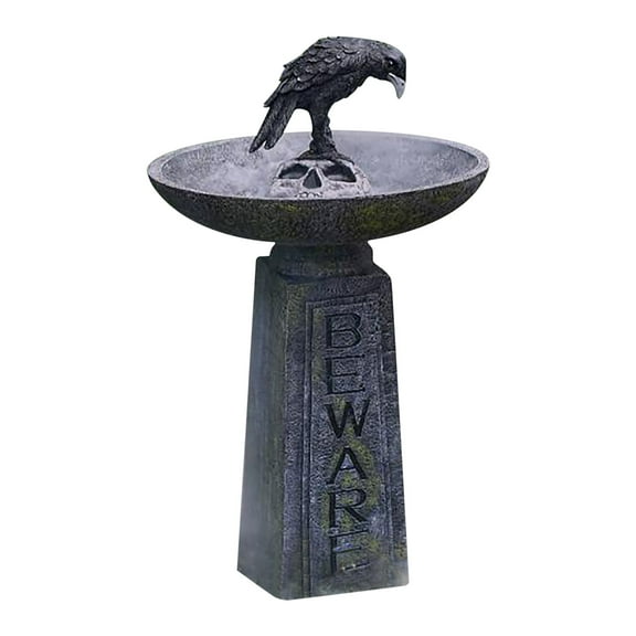 2 Pcs Vintage Beware Bird Bath Resin Halloween Crow Skeleton Ornament - Gothic Garden Graveyard Decor with Stone-Look Texture, Water-Tight Bowl for Outdoor Display