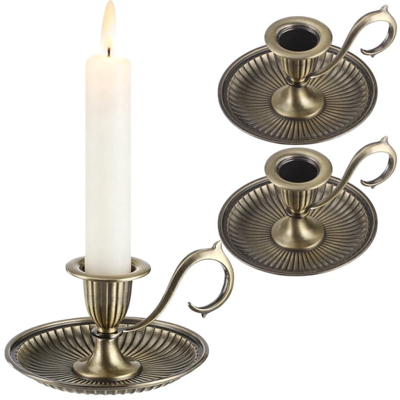 2 Pcs Vintage Bronze Taper Candle Holders, European Antique Candlesticks with Handle & Drip Tray Base, 1.2" Opening for Home, Wedding, Christmas & Party Decor