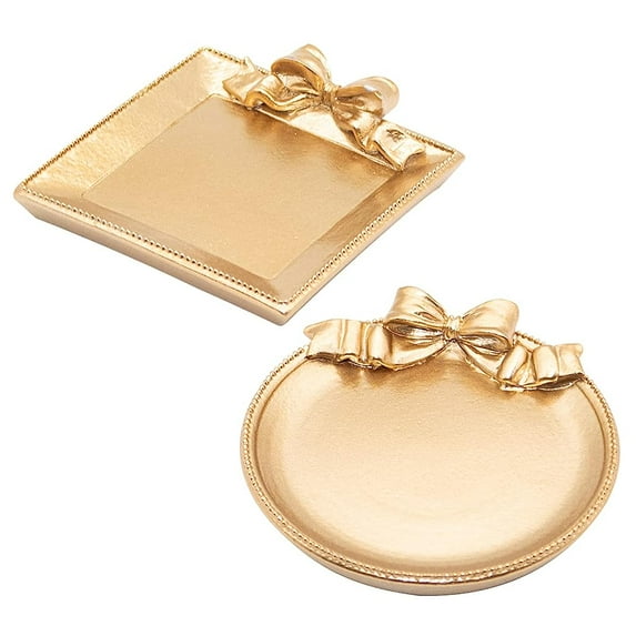 2 Pcs Vintage Decorative Tray Storage Tray Dish Plate Jewelry Tray Trinket Storage Plate Rings Chain Bracelets Earrings Trays Cosmetics Jewelry Organizer Retro Design Bow-Knot Resin Plate (Gold)