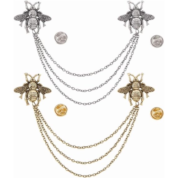 2 Pcs Vintage Double Bee Brooch Lapel Pin Mixed Color Alloy Brooch Pin Hanging Chain Detailing Brooch Tassel Blouse Shirt Collar Tip Pin