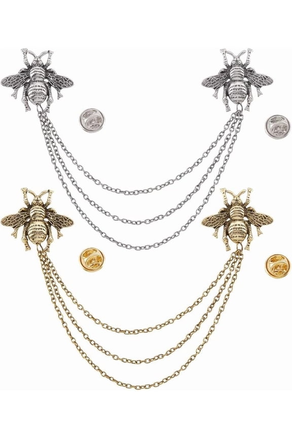 2 Pcs Vintage Double Bee Brooch Lapel Pin Mixed Color Alloy Brooch Pin Hanging Chain Detailing Brooch Tassel Blouse Shirt Collar Tip Pin