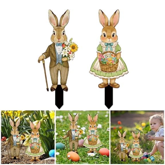 2 Pcs Vintage Easter Bunny and Egg Yard Signs with Stakes, Bunny Outdoor Decorations Spring Easter Yard Decor with Stakes for Garden Lawn Patio Party Supplies Props