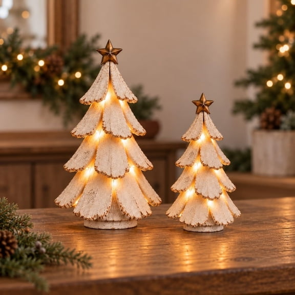 2 Pcs Vintage Lighted Christmas Tree Figurine, Mini Tabletop Centerpiece, Glowing LED Lights, Festive Holiday Decor, Nostalgic Winter Pines Gift for Women, Indoor Home Keepsake