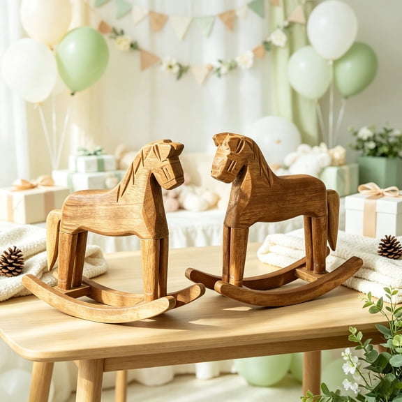 2 Pcs Vintage Wooden Rocking Horse Table Centerpiece, Baby Shower Decor, Farmhouse Solid Wood Ornaments for Wedding Birthday Nursery Home Decor & Housewarming Gift