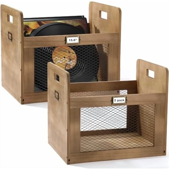 2 Pcs Vinyl Record Storage Crates, Wooden Record Crate with Handle, LP Albums Storage Boxes Wood Metal Mesh Multifunctional Cube Holder Organizers, for Storing up to 80 LP Vinyl$$Office