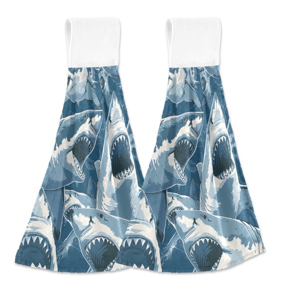 2 Pcs Vivid Fierce Sharks Kitchen Hand Towels with Hanging Loops Absorbent Soft Fast Drying Decor Bath Towels