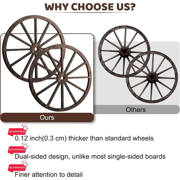 2 Pcs Wagon Wheel with Lanyards, Wall Western Home Decor Wooden Themed Cowboy Party Decorations Vintage Rustic Wagon Wheel Wood Cartwheel Farmhouse Decor for Bar Garage Indoor Outdoor 11.8"