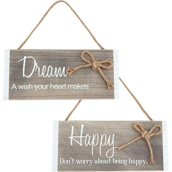2 Pcs Wall Hanging Plaque 5 x 10 Inch Wood Block Hanging Sign Wooden Inspirational Ornaments with Hemp Cord Rectangle Wall Art Decor with Words(Happy Dream) for Home Decoration BurlyWood