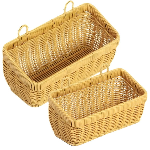 2 Pcs Wall Hanging Storage Baskets, Imitation Rattan Plastic Basket, Kitchen Organizer with Double-ear Design, Small 7.9 x 3.1 x 3.3 in / 20 x 8 x 8.5 cm & Large 11 x 5.1 x 3.7 in / 28 x 13 x 9.5 cm