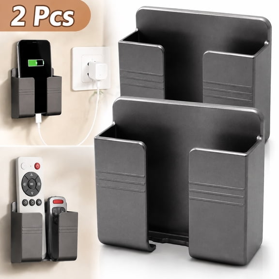 2 Pcs Wall Mount Phone Holder with 3M Adhesive Phone Stand with Data Cable Receiving Hole, Phone Charger Stand Remote Control Storage Box for Bedroom, Kitchen-2