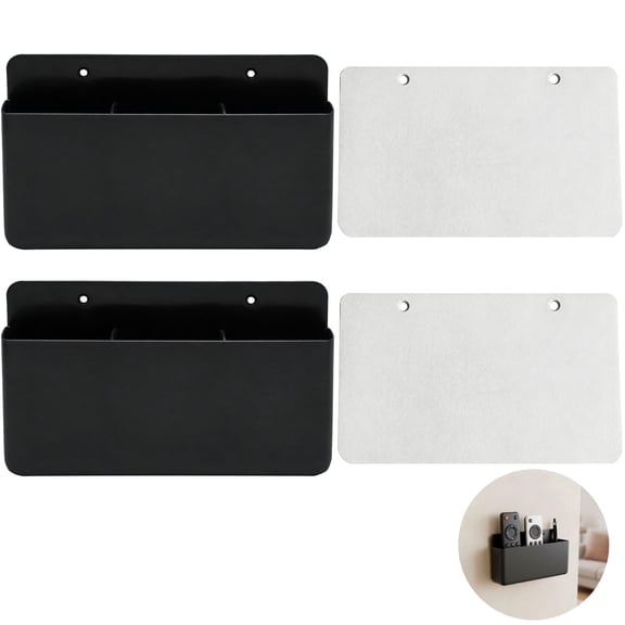 2 Pcs Wall Mount Remote Control Holder, Black Plastic Pen Storage Box Set, 3-Compartment Self Adhesive Remote Control Holder, No Drilling Organizer, 7.9 in Wide, Space Saving