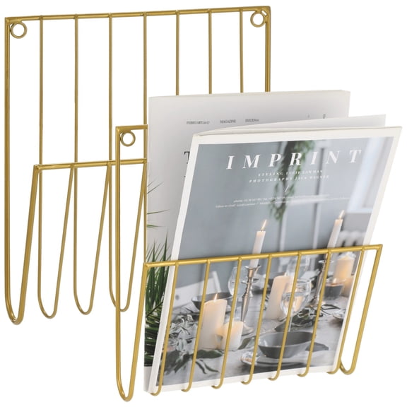 2 Pcs Wall Mounted Magazine Holder, Metal Iron File Organizer, Space Saving Hanging Storage Rack for Mail Newspaper Brochure, Home Office Living Room Decorative Document Holder (Gold)