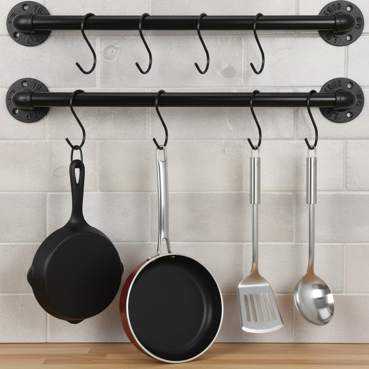 2 Pcs Wall Mounted Pot Rack, Black Iron Industrial Pipe Pan Hanger with ...