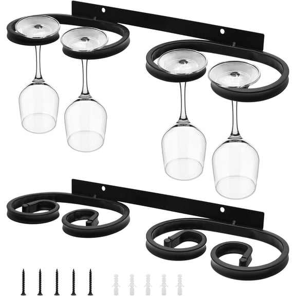 2 Pcs Wall Mounted Wine Glass Rack Stemware, Metal Black Cup Glasses Hanger Holder, Stemware Storage Organizer for Bar Kitchen Dining Room (15.12 Inch)