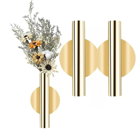 2 Pcs Wall Vases for Flowers Decorations Wall Mounted Metal Flower Vase Holder Small Gold Vase for Flowers Art Deco Wall Pocket Mount Flower Display Home Decor Holder, Gold