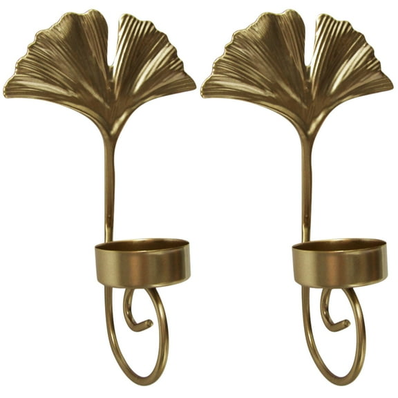 Gold Wall Decor Set Of 2 Candle Sconces- Ginkgo Leaf Shape Tea Light Candle Holder - Wall Art Decore - Living Room Decor - Gold Room Decor