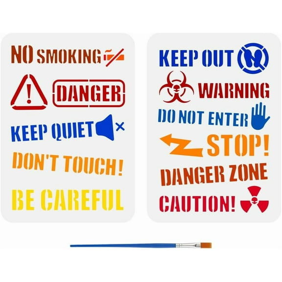 2 Pcs Warning Words Drawing Stencil with A Paint Brush 11.7x8.3 inch Warning Signs Painting Template No Smoking Stop Keep Quiet Danger Stencil