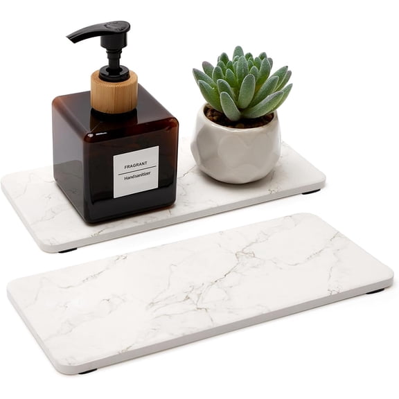 2 Pcs Water Absorbing Stone Drying Trays for Bathroom Sink Kitchen Counter Soap Dish Dispenser Sponge Holder White Ceramic Bathroom Vanity Quick Dry Stone Mat for Kitchen Sink Marble Diatomite Tray