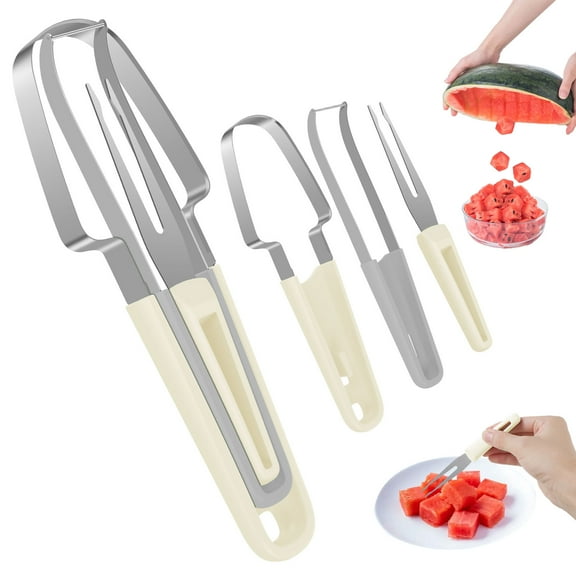 2 Pcs Watermelon Cutter Slicer Tool - 3 In 1 Stainless Steel Fruit Cutter with Slicer and Fork,Multifunctional Watermelon Cutter for Mango,Apple,Pear,Dragon Fruit on Parties or Camping Trips