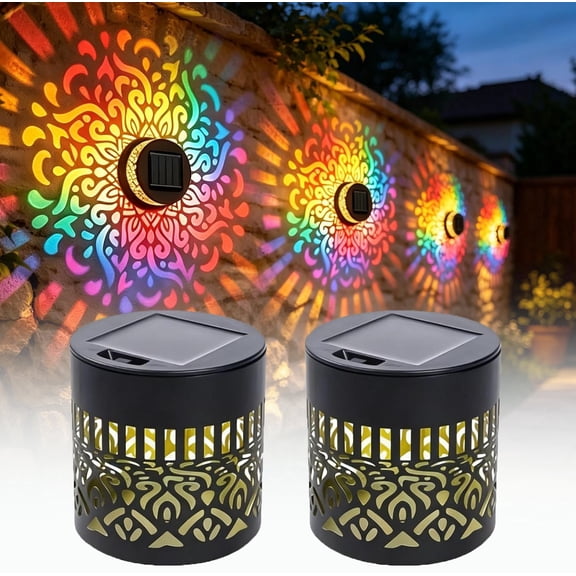 2 Pcs Waterproof Solar Mandala Lights Outdoor, 7 Color Changing Mandala Solar Fence Lights, Metal Solar Projector Wall Lamp For Patio Yard Garden Decor