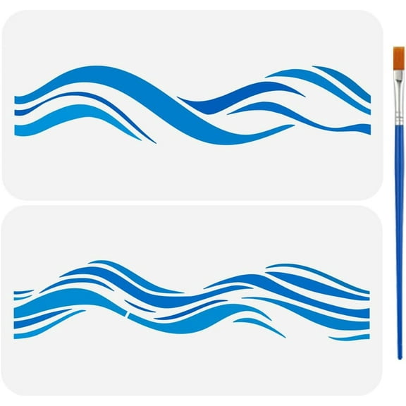 2 Pcs Wave Border Stencils with Brush 11.8x5.9Inch Reusable Waves Stencils PET Marine Themes Borders Stencils Sea Waves Decoration Stencils Ocean Themes Template for Wood Wall Fabric