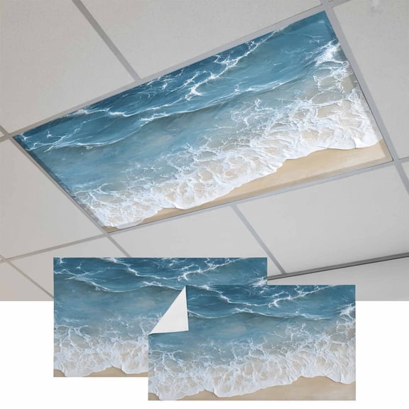 2 Pcs Wave Effect Modern Art Fluorescent Light Covers Abstract Blue Beach Magnetic Light Covers for Ceiling Lights 4 x 2 ft Drop Ceiling Lights Cover Shade for Office, Home, Hospital