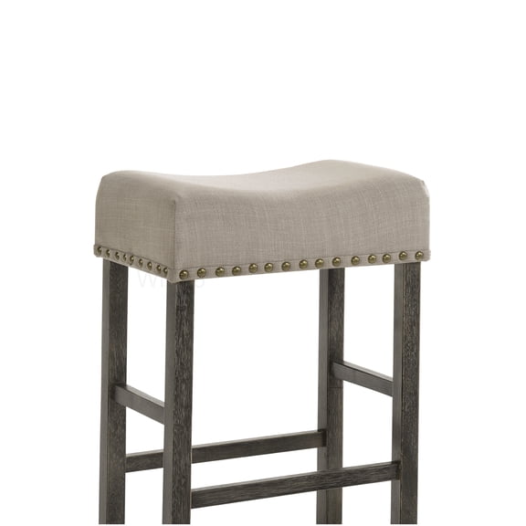 2 Pcs Weathered Gray Finish Counter Stools with Nailhead Trim and Tan Linen Seat