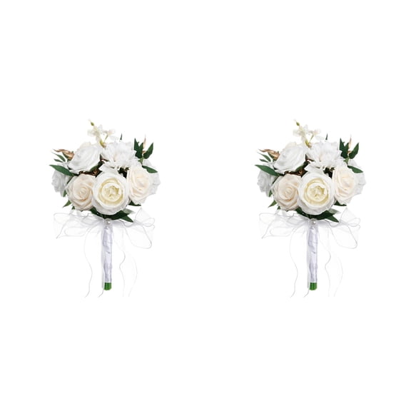 2 Pcs Wedding Bouquet Artificial Roses Flowers for Bride Bridesmaid, 11.42 x 8.66 Inch Two Colors Silk Rose Flowers with Green Leaves and Sheer Ribbon for Wedding Valentine's Day Church, Home, White
