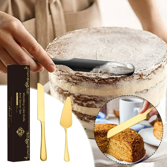 2 Pcs Wedding Cake Knife and Server Set, Stainless steel Cake Knife and Server Set with Gift Box, Long Thick Cutlery for Wedding, Birthday, Parties and anniversary (Gold)