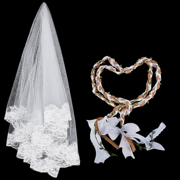 2 Pcs Wedding Lasso Rope with Bridal Veils Wedding Cord with Green Leaf Wedding Lasso Rope with Pendants Ceremony Handfasting Cord Wedding Lasso