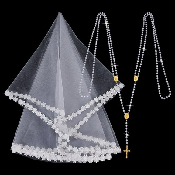 2 Pcs Wedding Unity Veil and Cord Lasso Plastic Pearl Beads Wedding Lasso Chain and Flower Organza Bride Main Wedding Veil Headdress Sets for Ceremony Lazo De Boda Mexico Bridal Gift