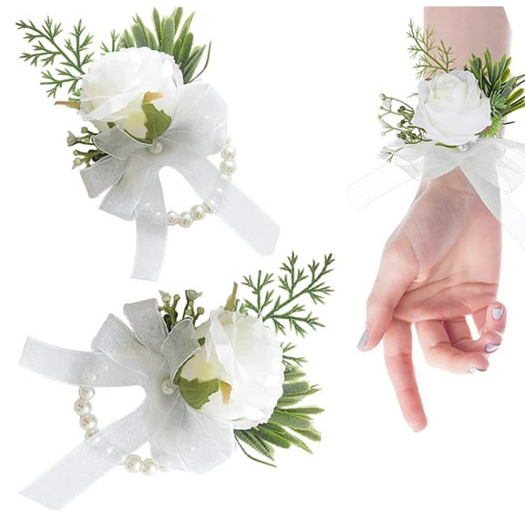 2 Pcs Wedding White Rose Wrist Flowers,Happon Artificial Rose Flowers,Wrist Corsage Wristband,Brides Wedding Flowers Accessories for Ceremony Prom Party Accessories