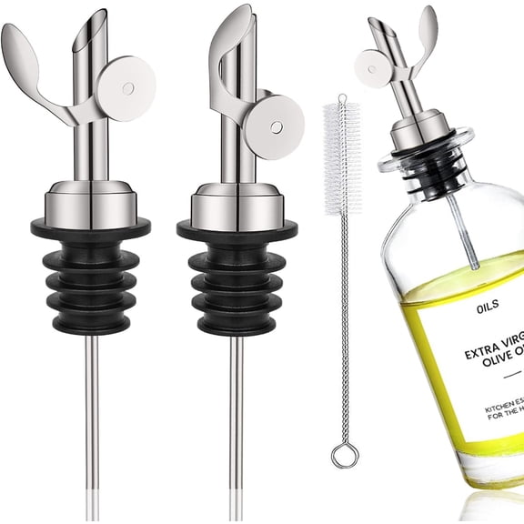 2 Pcs Weighted Stainless Steel Bottle Pourers, Self Closing Olive Oil Dispenser Spout, Auto Flip Feature Liquor Pour Spouts for Pours Liquid, Olive Oil, Wine, Vinegar (Silver)
