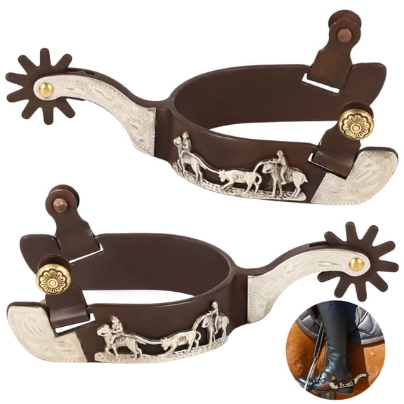 2 Pcs Western Spurs, Cowboy Boot Spurs with Turnable Gear, Antique Copper and White Brass Design with Engraved Trims, Retro Low Carbon Steel Horse Spurs, Ideal for Western Wear