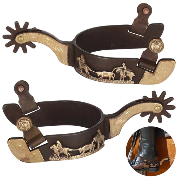 2 Pcs Western Spurs, Turnable Gear Cowboy Boot Spurs, Antique Copper Brass Design with Engraved Trims, Retro Low Carbon Steel Horse Riding Gear, Western Wear Essential