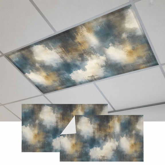 2 Pcs White Clouds Fluorescent Light Covers Vintage Abstract Clouds Blue Yellow Textured Backdrop Magnetic Light Covers for Ceiling Lights 4 x 2 ft Drop Ceiling Lights Cover Shade for Office, Home,