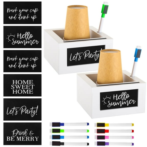2 Pcs White Cup Holder, Mark Your Cup Holders with Marker Slots & 8 Markers, Wooden Cup Organizers with Interchangeable Signs, Party Cup Dispensers, Wood Cup Storage Boxes