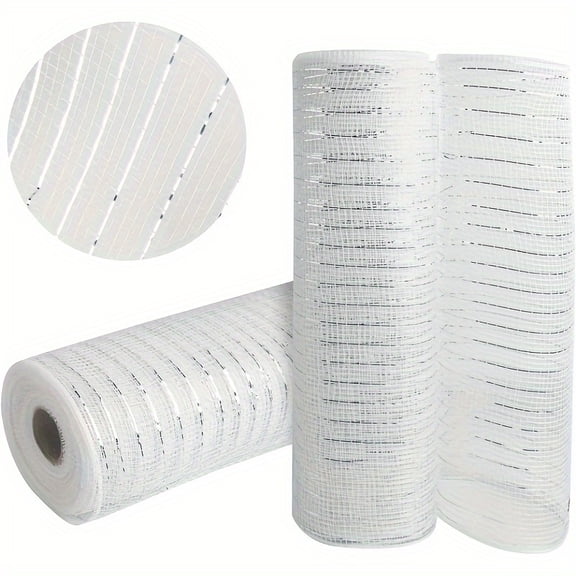 2 Pcs White Decorative Mesh Ribbon with Silver Foil, 10 Inch x 10 Yard Deco Mesh Rolls for Wreath Making Gift Wrapping Tree Decor DIY Craft Supplies Holiday Party Decoration