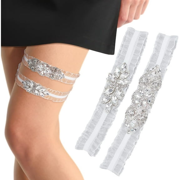 2 Pcs White Lace Bridal Garter Set Lace Elastic Bridal Garters Wedding Garters with Clear Rhinestones Stretch Garter Belt Lace Wedding Leg Garter Bride Garment Accessories for Wedding PartyLight Gold