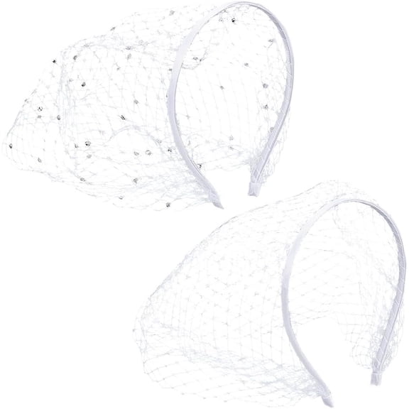 2 Pcs White Mesh Veil Headband with Rhinestone 9.3~10.4 Inch Veil Mesh Lace Headband Bridal Wedding Tea Party Fascinator Veil for DIY Making