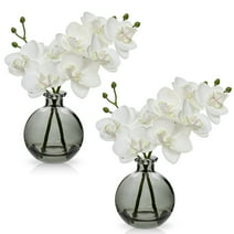 2 Pcs White Orchids Artificial Flowers Arrangement with Black Glass Vase Faux Phalaenopsis Flowers Table Centerpiece
