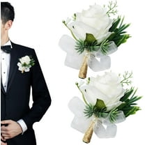 2 Pcs White Rose Boutonniere for Men,Happon Artificial Corsage for Prom,Artificial Rose Flower for Wedding Flowers Ceremony Prom Flower