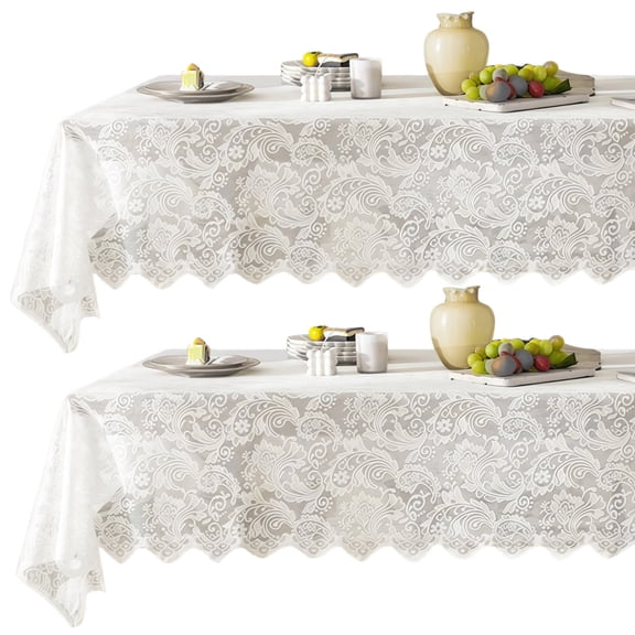 2 Pcs White Table Runner, Elegant Jacquard Lace Rectangular Tablecloth, Polyester, 60 x 70 in, Dining Decoration with Detailed Patterns